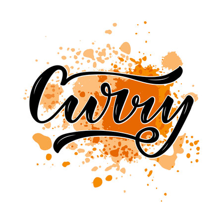 Vector illustration of curry lettering for packages, product design, banner, sticker, spice shop price list and decoration. Handwritten calligraphic word for web or printのイラスト素材