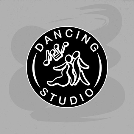 Vector illustration of dancing studio round emblem with icon of a couple for  advertisement, business card, signage, poster, product design. Hand drawn graphics with typed text for web or printのイラスト素材