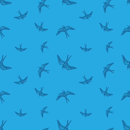 Vector doodle blue swallow birds seamless patternのイラスト素材