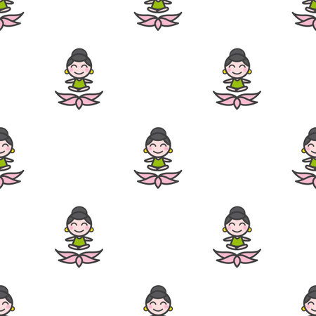 Vector funny cartoon meditating yoga girl seamless patternのイラスト素材