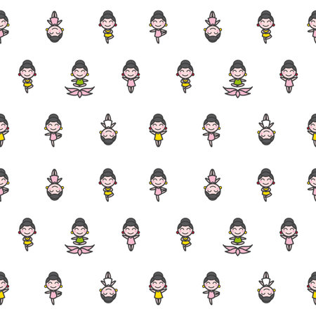 Vector funny cartoon girl in five different yoga poses seamless patternのイラスト素材