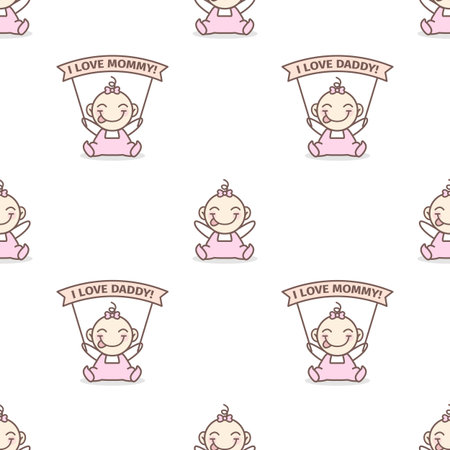 Vector cute baby girl with I love Mommy and I love Daddy posters seamless patternのイラスト素材