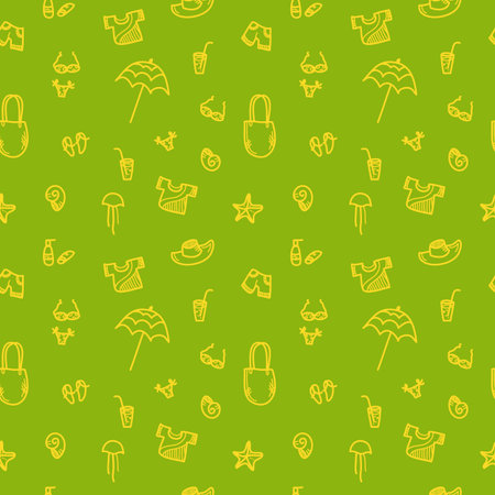 Vector hand drawn bright summer seamless pattern. Green vacation backgroundのイラスト素材