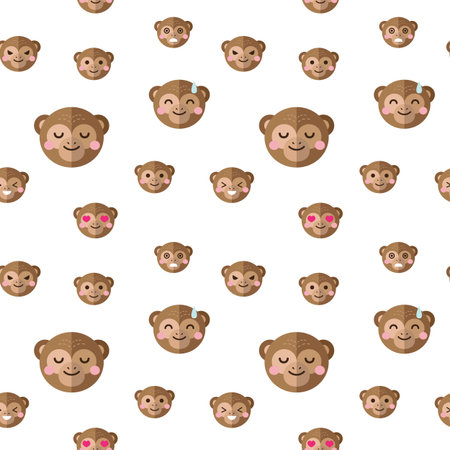 Vector funny flat cartoon monkey heads with different emotions seamless pattern. Chimp emoticons seamless pattern.のイラスト素材