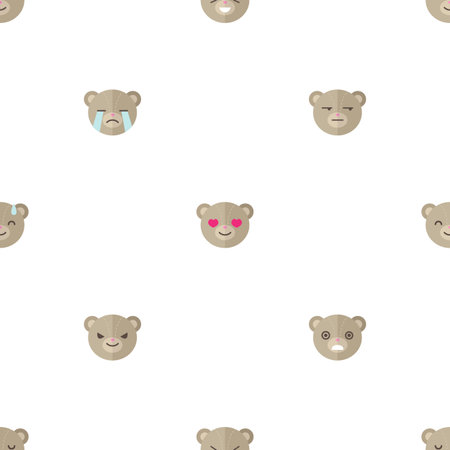 Vector funny flat cartoon bear heads with different emotions seamless pattern. Bear emoticons seamless pattern.のイラスト素材