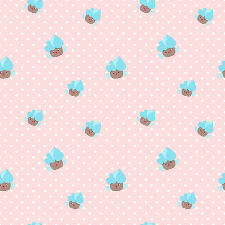 Vector cute kawaii cupcakes seamless pattern. Pink and blue happy cakes background.のイラスト素材