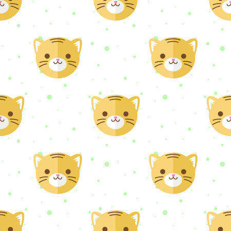 Vector funny flat cartoon tiger heads seamless pattern. Tiger background.のイラスト素材