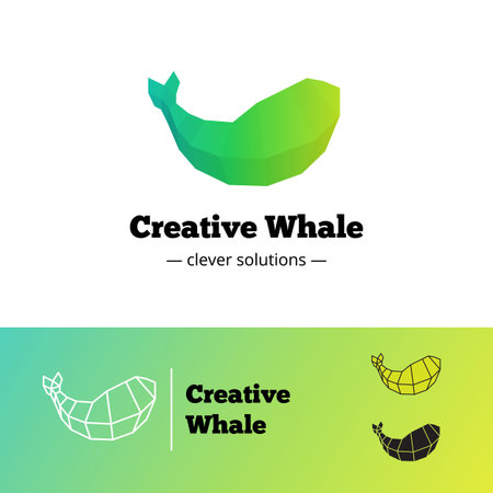 Vector low poly green whale logotype. Big fish geometric gradient logo with outline versionのイラスト素材