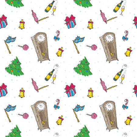 Vector doodle New Year elements seamless pattern in sketch styleのイラスト素材
