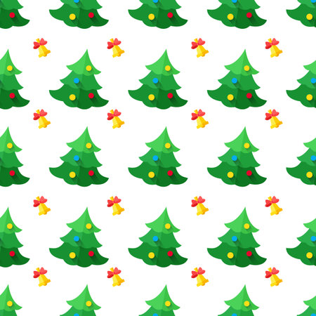 Vector modern flat New Year seamless pattern with tree and bellのイラスト素材