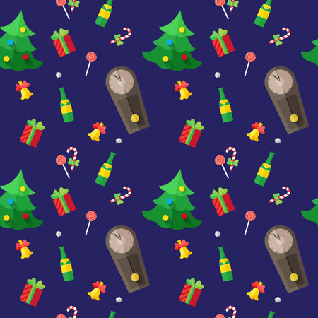 Vector modern flat New Year seamless pattern on dark blue backgroundのイラスト素材