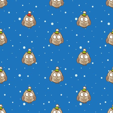 Vector owls in hats seamless pattern. Christmas and New Year blue winter backgroundのイラスト素材