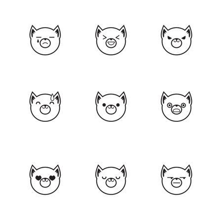 Vector line style set of funny cartoon fox facesのイラスト素材