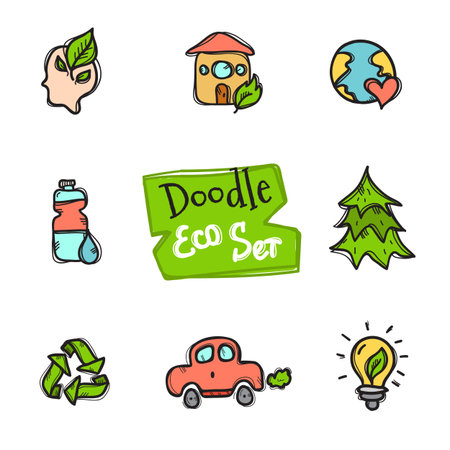 Vector doodle style eco set. Cute hand drawn collection of ecological objectsのイラスト素材