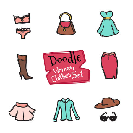 Vector doodle style women clothes icons set. Cute hand drawn collection of fashion objectsのイラスト素材