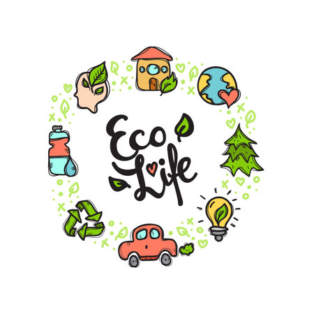 Vector modern Eco Life doodle style circle frame with hand lettered inscriptionのイラスト素材