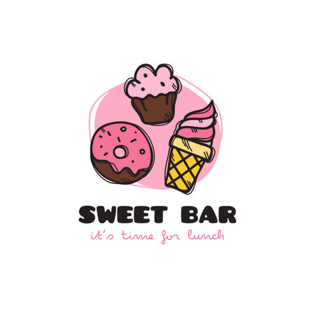 Vector funny cartoon style sweets bar icon with cupcake, ice cream and donut. Sketchy doodle cafe iconのイラスト素材