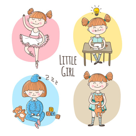 collection of cute little girl in different situation. Children lifestyle setのイラスト素材
