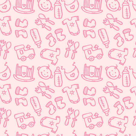 Seamless pattern with baby objects. Newborn clothes and accessories seamless background in trendy doodle styleのイラスト素材