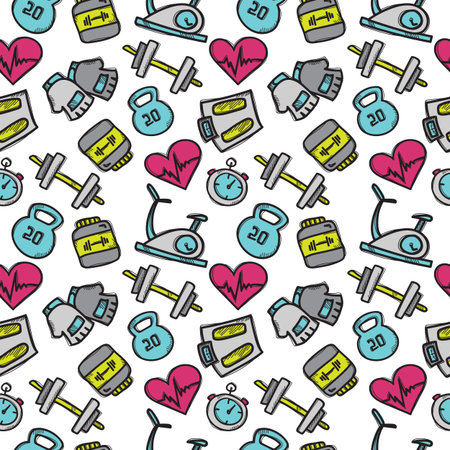 seamless pattern with sport objects. Fitness accessories seamless background in trendy doodle style.のイラスト素材