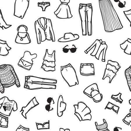 seamless pattern with woman's fashion objects. Clothes and accessories seamless background in trendy doodle style.のイラスト素材