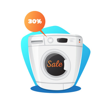 washing machine illustration in cute cartoon style. Kitchen electronics sale concept.のイラスト素材