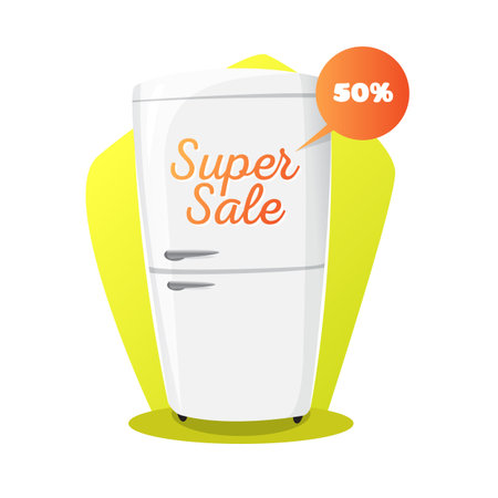 fridge illustration in cute cartoon style. Kitchen electronics sale concept.のイラスト素材
