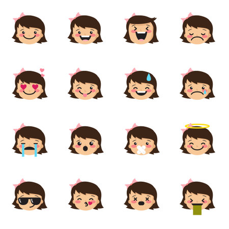 girl emoticons collection. Cute little kid emoji setのイラスト素材