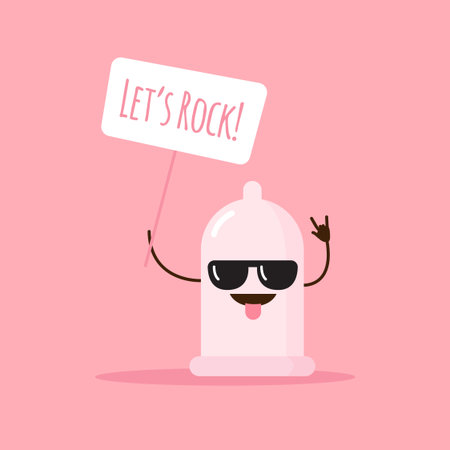 cartoon condom illustration with goggles and funny poster. Comic design conceptのイラスト素材
