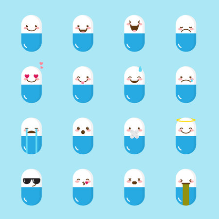 medicine pill emoji set. Funny cartoon emoticons.のイラスト素材