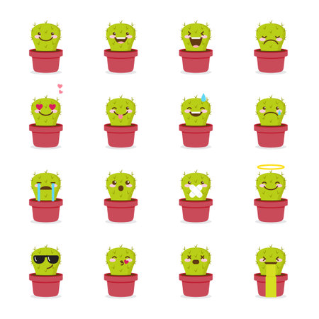 cactus emoji set. Funny cartoon succulent emoticons.のイラスト素材