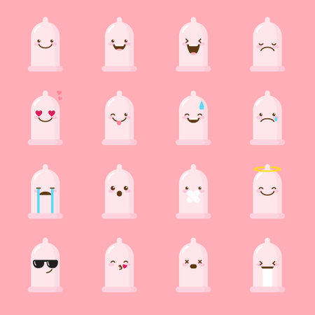 condom emoji set. Funny cartoon emoticons.のイラスト素材