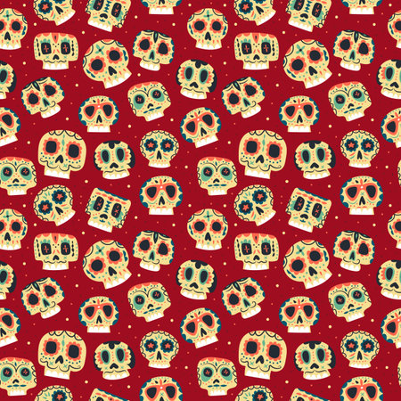 cartoon flat Dead day seamless pattern. Ethnic Mexican skulls backgroundのイラスト素材