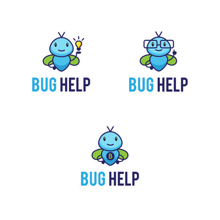 Cute mascot logos set with funny abstract fictional bugs. Insects logos: superhero bug, geek or teacher and bug with lightbulb idea icon. Cartoon characters vector illustrations.のイラスト素材