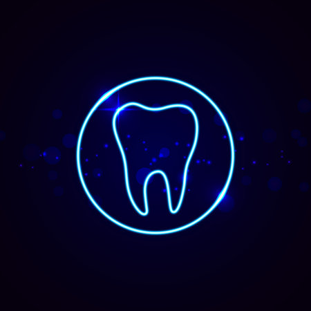 Neon dental sign. Shining tooth vector emblem in line style.のイラスト素材