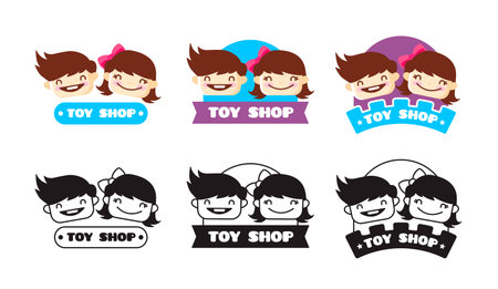 Vector cartoon toy store logo. Cute kids shop symbol with boy and girl headsのイラスト素材