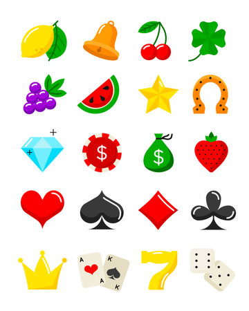 Bright casino flat icons set. Vector slot machine cartoon symbols.のイラスト素材