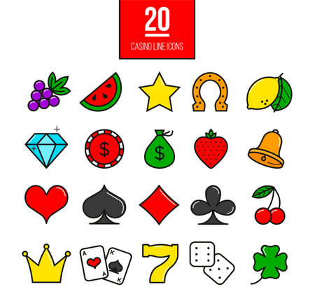 Bright casino line icons set. Vector slot machine outline symbols.のイラスト素材