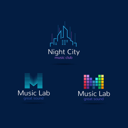 Music club logo templates. Creative equalizer music studio brand signs and night city sign. Vector music production logotypes setのイラスト素材