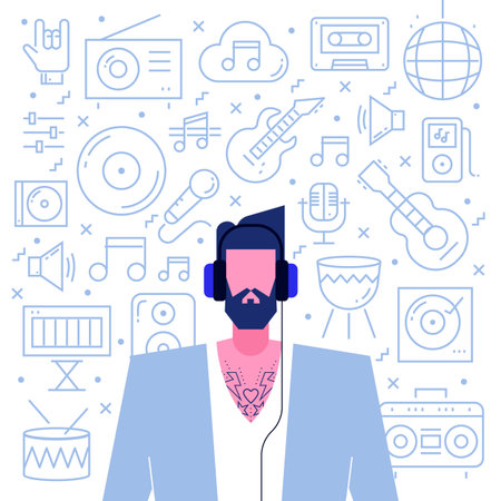 Flat character hipster,music sound system pixel perfect line icons set.Diversity audio symbols-electric guitar,music keyboard,radio,microphone stand,DJ mixer,vinyl,headphones,drums,loudspeakers etcのイラスト素材