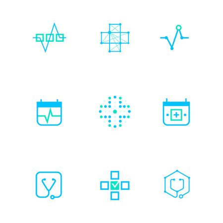 Flat line medicine icons monochrome blue emblem logos,web online concept.Logo of Heart pulse,red cross,medical chart,Stethoscope icon in different shapes and compositionsの写真素材