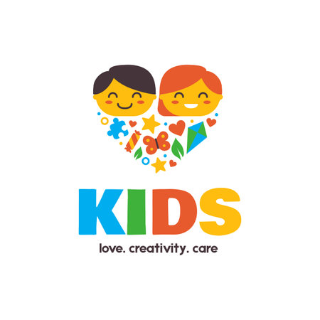 Cute happy cartoon boy girl kids character mascot,web online sign logo vector concept.Adorable smiling faces in love heart symbol,text KIDS Love Creativity Care on white backgroundのイラスト素材