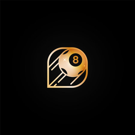 Bright shiny golden casino logo icon with  eight ball. Metal color logotype, label, emblem for...