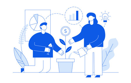 Vector flat line style business and finance  design concept with big modern people looking after money plant. Trendy investment and stock   illustration with graphs, diagrams, light bulb  and leaves.のイラスト素材