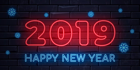Illuminated neon happy new year text concept with snowflakesのイラスト素材