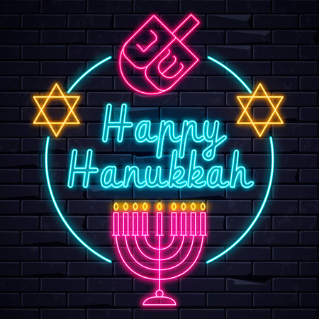 Illuminated neon signs Happy Hanukkah  holiday light electric banner glowing on black brickwall. Neons sign billboard design template with traditional Jewish candles, Menorah, Magen David Star,dreidelのイラスト素材