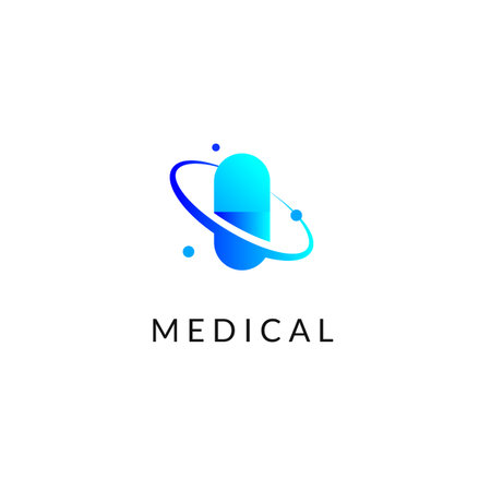 Flat medicine icon blue gradient emblem logos, web online concept. Logo of pill, atom, planet, pharmaceutical iconsのイラスト素材
