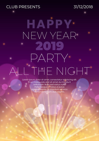 Happy 2019 New Year night banner flyer with firework flare,glowing stars,light flashes,highlight circles background.Night club party flyer poster concept,web online concept on deep purple backdropのイラスト素材