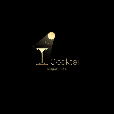 Cocktail bar night club logo concept.Moon light streams in cocktail glass with glowing sparkles,exclusive logotype conceptのイラスト素材
