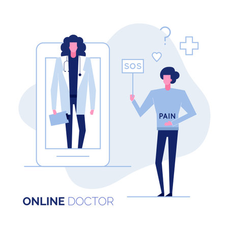 Online doctor consultation support help web service vector illustration,healthcare medicine concept.Doctor character avatar,remote working from app screen of patient display,Ready to use modern flatのイラスト素材